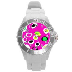Pink Abstract Pattern Round Plastic Sport Watch (l) by Valentinaart