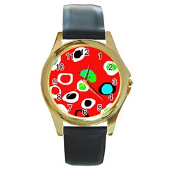 Red Abstract Pattern Round Gold Metal Watch