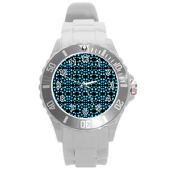 Dots Pattern Turquoise Blue Round Plastic Sport Watch (l) by BrightVibesDesign