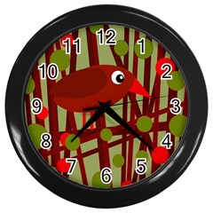 Red cute bird Wall Clocks (Black)