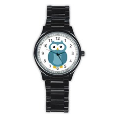 Cute Blue Owl Stainless Steel Round Watch by Valentinaart