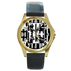 Black And White Abstraction Round Gold Metal Watch by Valentinaart