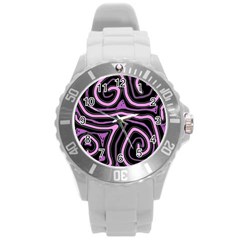 Purple Neon Lines Round Plastic Sport Watch (l) by Valentinaart