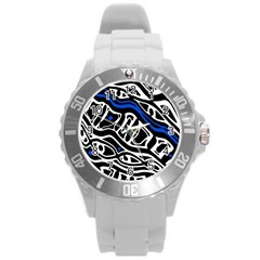 Deep Blue, Black And White Abstract Art Round Plastic Sport Watch (l) by Valentinaart