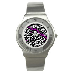 Purple, Black And White Abstract Art Stainless Steel Watch