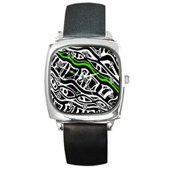 Green, black and white abstract art Square Metal Watch