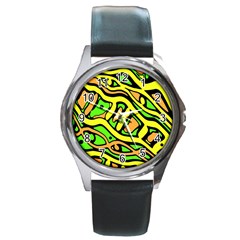 Yellow, Green And Oragne Abstract Art Round Metal Watch by Valentinaart