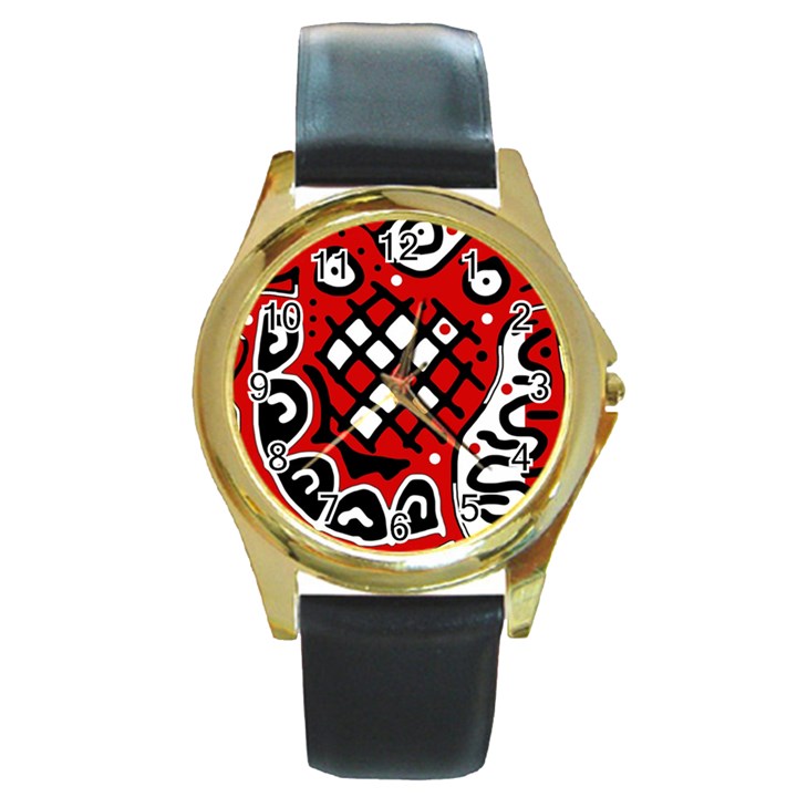 Red high art abstraction Round Gold Metal Watch