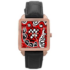 Red High Art Abstraction Rose Gold Leather Watch 