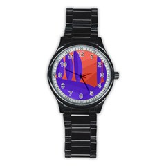 Purple And Orange Landscape Stainless Steel Round Watch by Valentinaart