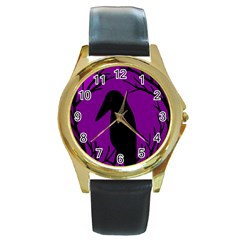 Halloween raven - purple Round Gold Metal Watch