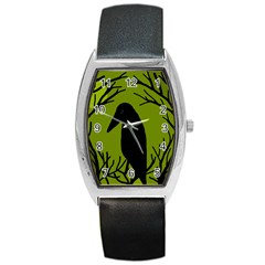 Halloween Raven - Green Barrel Style Metal Watch by Valentinaart