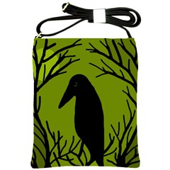 Halloween Raven - Green Shoulder Sling Bags by Valentinaart