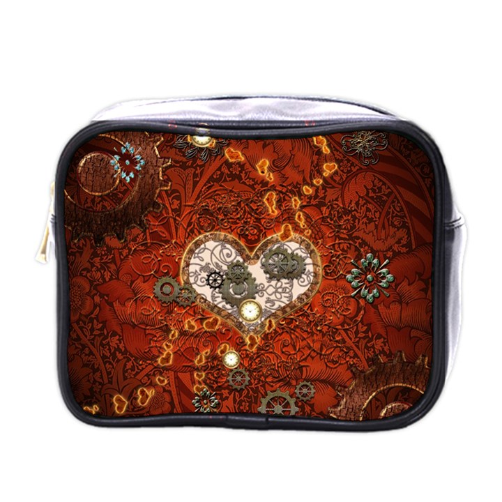 Steampunk, Wonderful Heart With Clocks And Gears On Red Background Mini Toiletries Bags