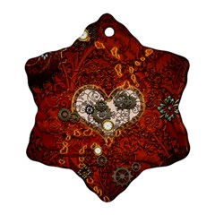 Steampunk, Wonderful Heart With Clocks And Gears On Red Background Ornament (snowflake)  by FantasyWorld7