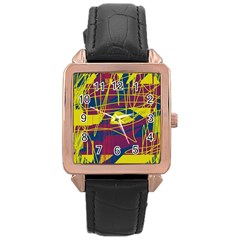 Yellow High Art Abstraction Rose Gold Leather Watch  by Valentinaart