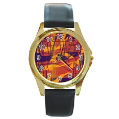 Orange High Art Round Gold Metal Watch by Valentinaart