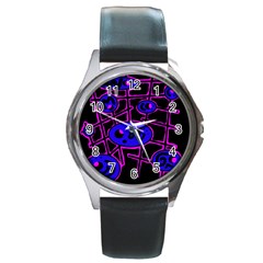 Blue And Magenta Abstraction Round Metal Watch by Valentinaart