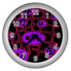 Purple And Red Abstraction Wall Clocks (silver)  by Valentinaart