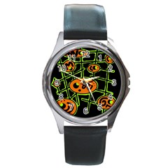 Orange And Green Abstraction Round Metal Watch by Valentinaart