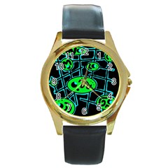 Green and blue abstraction Round Gold Metal Watch