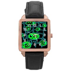 Green and blue abstraction Rose Gold Leather Watch 
