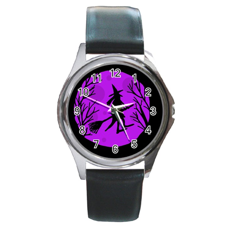 Halloween witch - Purple moon Round Metal Watch