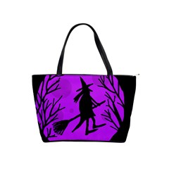 Halloween Witch - Purple Moon Shoulder Handbags by Valentinaart