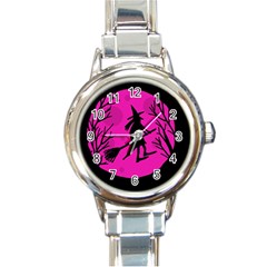 Halloween witch - pink moon Round Italian Charm Watch