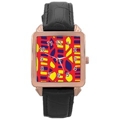 Red, Yellow And Blue Decor Rose Gold Leather Watch  by Valentinaart