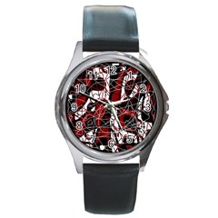 Red Black And White Abstract High Art Round Metal Watch