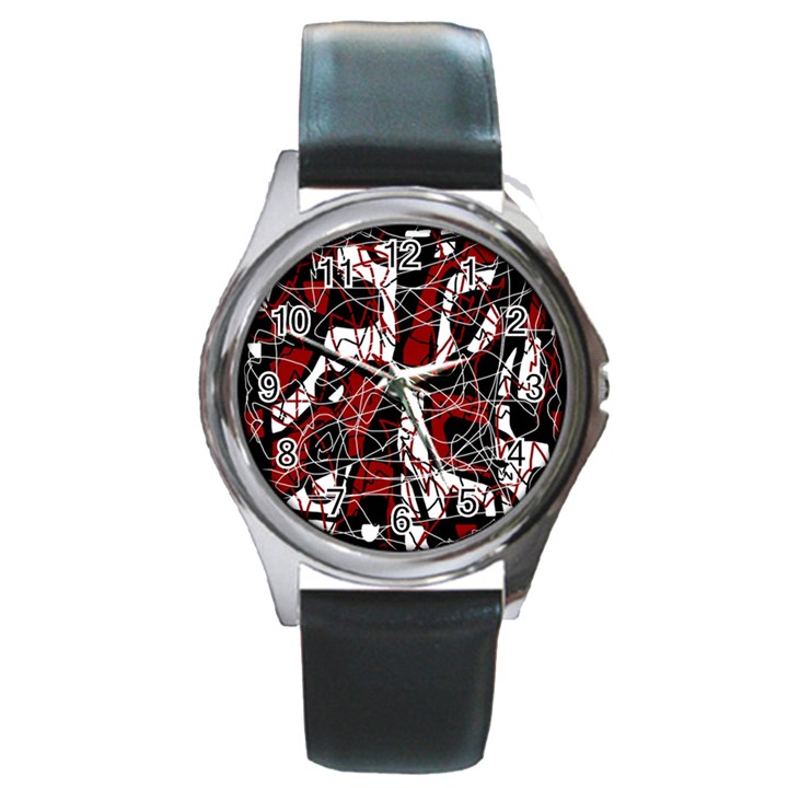 Red black and white abstract high art Round Metal Watch