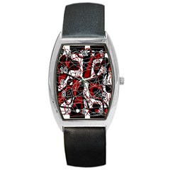 Red Black And White Abstract High Art Barrel Style Metal Watch by Valentinaart