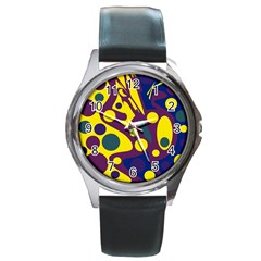 Deep Blue And Yellow Decor Round Metal Watch by Valentinaart
