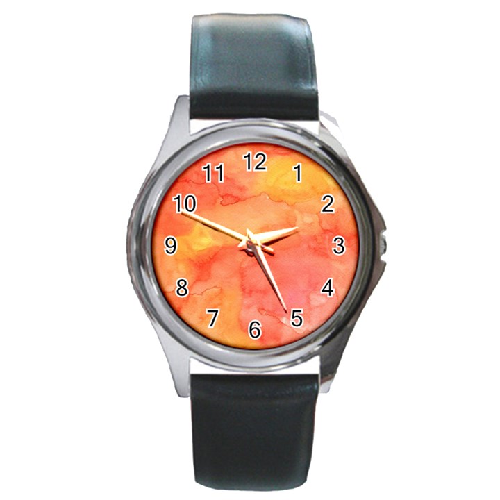 Watercolor Yellow Fall Autumn Real Paint Texture Artists Round Metal Watch