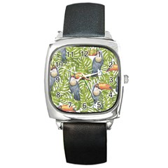 Tropical Print Leaves Birds Toucans Toucan Large Print Square Metal Watch by CraftyLittleNodes