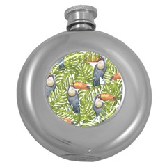 Tropical Print Leaves Birds Toucans Toucan Large Print Round Hip Flask (5 Oz) by CraftyLittleNodes