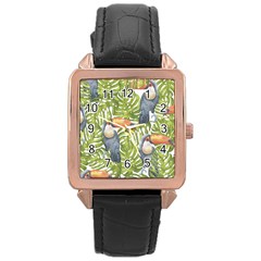 Tropical Print Leaves Birds Toucans Toucan Large Print Rose Gold Leather Watch 