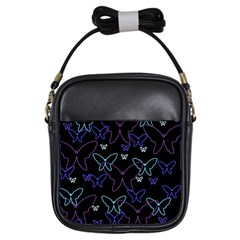 Blue Neon Butterflies Girls Sling Bags by Valentinaart