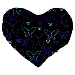 Blue Neon Butterflies Large 19  Premium Heart Shape Cushions by Valentinaart