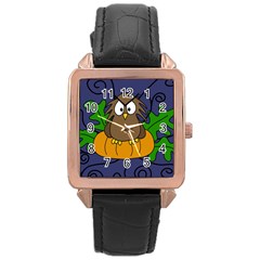 Halloween Owl And Pumpkin Rose Gold Leather Watch 