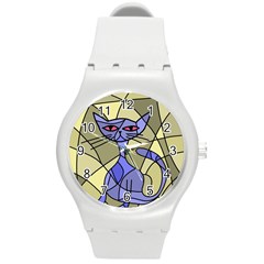 Artistic Cat - Blue Round Plastic Sport Watch (m)