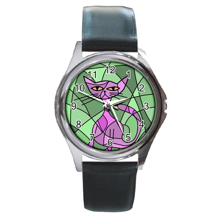 Artistic cat - purple Round Metal Watch