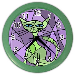 Artistic cat - green Color Wall Clocks