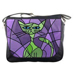 Artistic Cat - Green Messenger Bags by Valentinaart