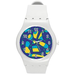 Playful Abstract Art - Blue And Yellow Round Plastic Sport Watch (m) by Valentinaart
