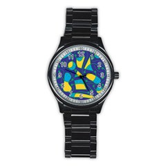 Playful Abstract Art - Blue And Yellow Stainless Steel Round Watch by Valentinaart