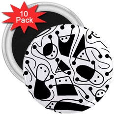 Playful Abstract Art - White And Black 3  Magnets (10 Pack)  by Valentinaart