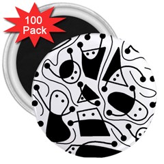 Playful Abstract Art - White And Black 3  Magnets (100 Pack)