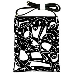 Playful Abstract Art - Black And White Shoulder Sling Bags by Valentinaart